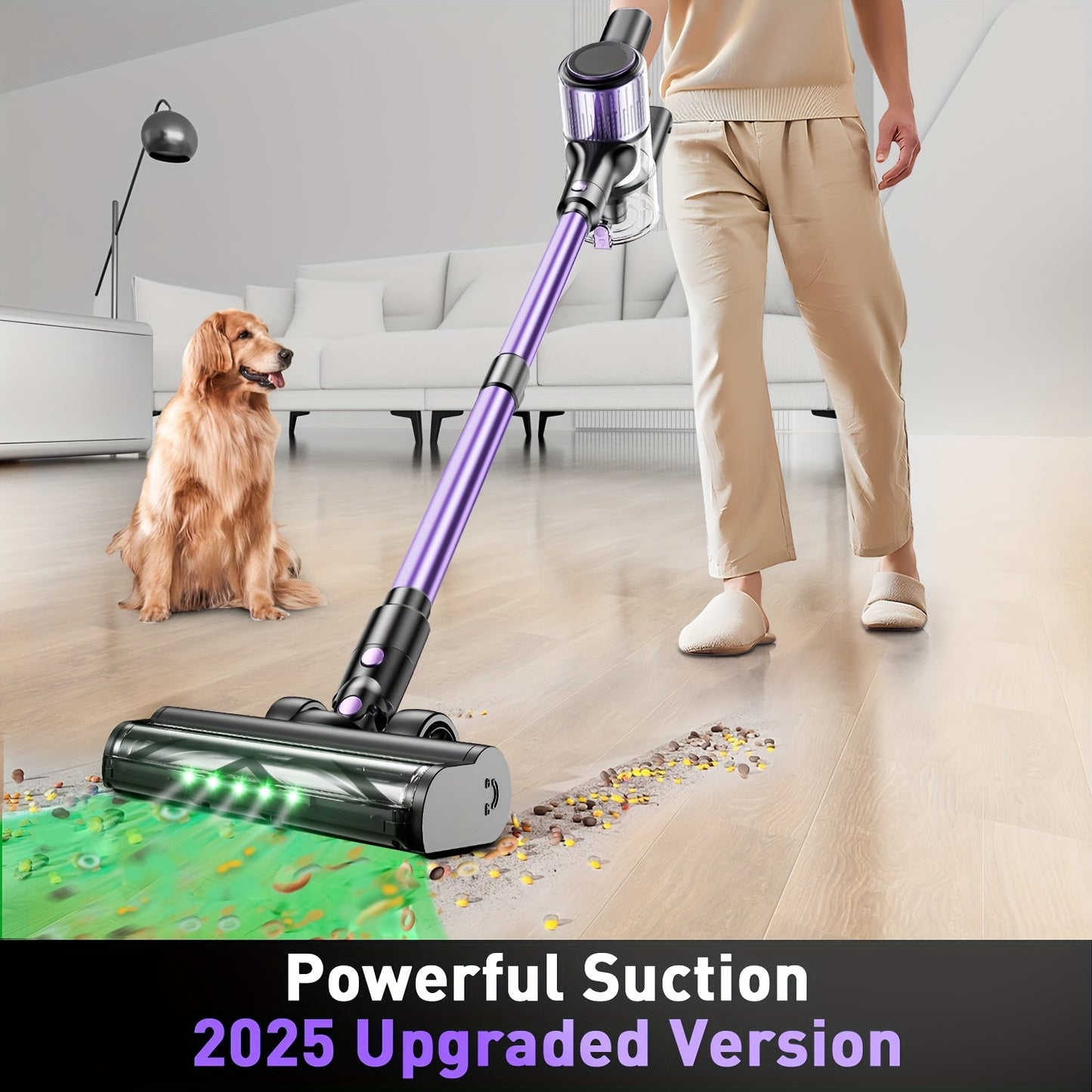 Aspirapolvere Senza Fili per Casa ad Alta Aspirazione, 10-in-1 Leggero e Ricaricabile con Lunga Durata della Batteria, con Tubo Extra-Lungo Aggiornato, Spazzole -groviglio, Luci LED Verdi per Casa, Pavimenti in Legno, Tappeti e Peli di Animali