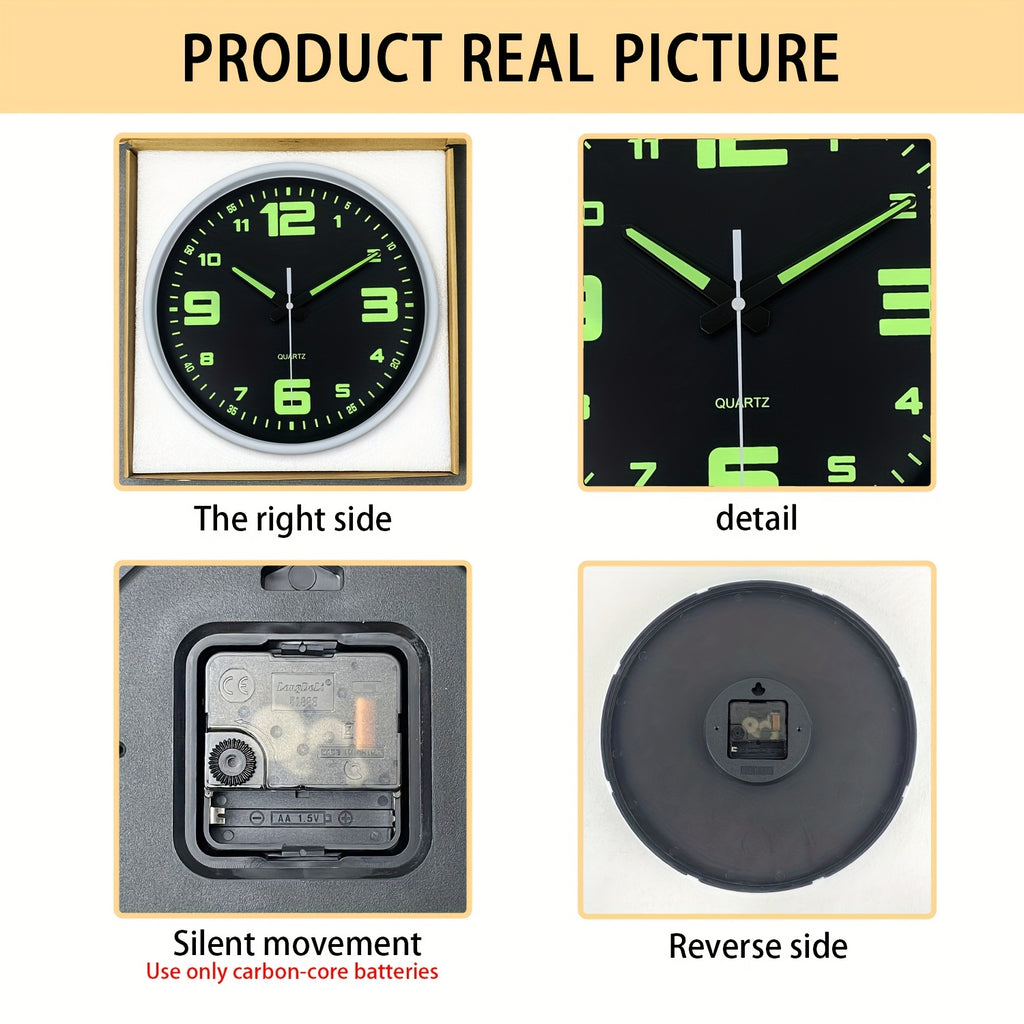 Orologio da parete silenzioso a 12 pollici con numeri che si illuminano al buio, numeri e lancette luminose che assorbono l'energia, 20,32-40,64 cm, in plastica senza ticchettio, a batteria, per soggiorno, camera da letto, ufficio, decorazioni da parete,