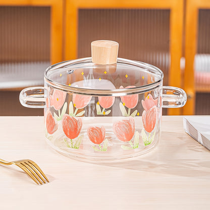 1 pezzo di pentola in vetro stampata con tulipani da 1500ml/50.7oz. Realizzata in vetro borosilicato, adatta per fornelli a gas, fornelli portatili e a cartuccia, non adatta per piastre a induzione, pentolino piccolo con doppie maniglie