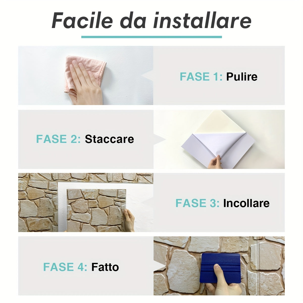 Questo pacchetto include dieci pannelli murali 3D autoadesivi con superficie in PVC effetto pietra, ciascuno misurato 30 per 30 centimetri, progettati per decorare pareti interne.