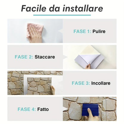 Questo pacchetto include dieci pannelli murali 3D autoadesivi con superficie in PVC effetto pietra, ciascuno misurato 30 per 30 centimetri, progettati per decorare pareti interne.