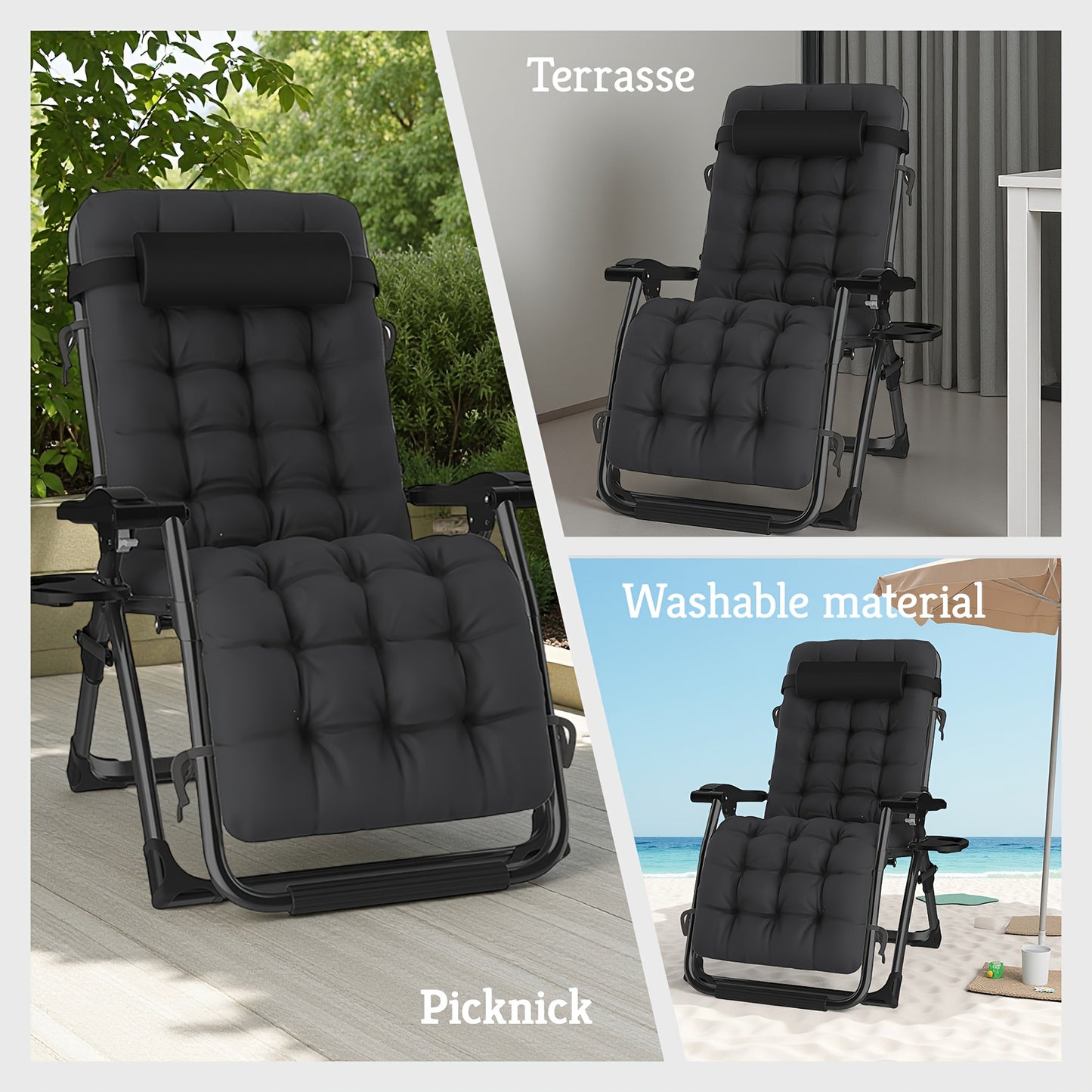 Poltrona Lounge Oversize a Gravità Zero, 72 cm Extra Larga, Reclinabile Pieghevole e Regolabile, Capacità 500 libbre/200 kg, Cuscino Morbido in Cotone Staccabile con Poggiatesta, Portabicchieri, Nero Grigio, per Giardino, Terrazza, Balcone, Patio Esterno