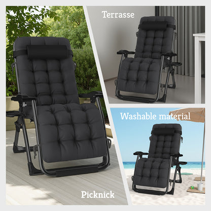 Poltrona Lounge Oversize a Gravità Zero, 72 cm Extra Larga, Reclinabile Pieghevole e Regolabile, Capacità 500 libbre/200 kg, Cuscino Morbido in Cotone Staccabile con Poggiatesta, Portabicchieri, Nero Grigio, per Giardino, Terrazza, Balcone, Patio Esterno