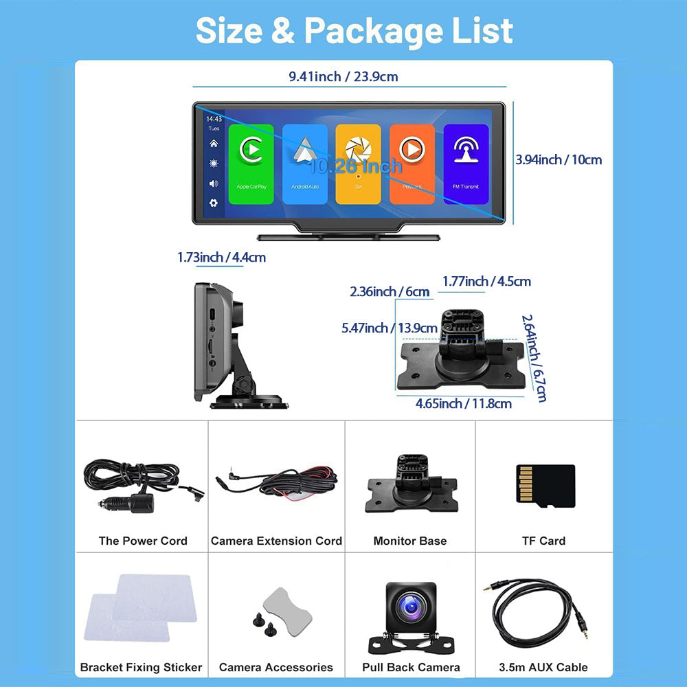 PODOFO 26.06cm Wireless Carplay Android Auto, Autoradio Portatile con Dash Cam 2.5K, Telecamera di Backup 1080P, Navigazione Car Play Controllo Vocale, Chiamata/Musica a Mani Libere, Trasmettitore AUX/FM, Scheda TF 64GB Gratuita, Regali di Buon Natale, Re