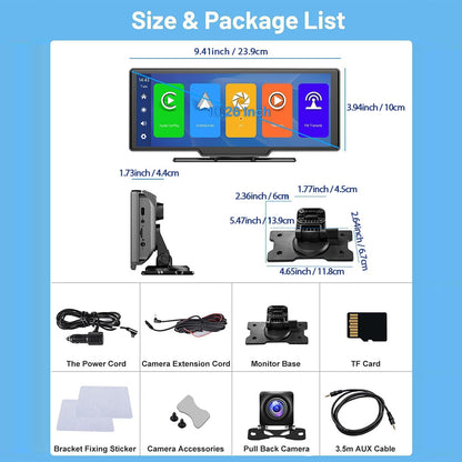 PODOFO 26.06cm Wireless Carplay Android Auto, Autoradio Portatile con Dash Cam 2.5K, Telecamera di Backup 1080P, Navigazione Car Play Controllo Vocale, Chiamata/Musica a Mani Libere, Trasmettitore AUX/FM, Scheda TF 64GB Gratuita, Regali di Buon Natale, Re
