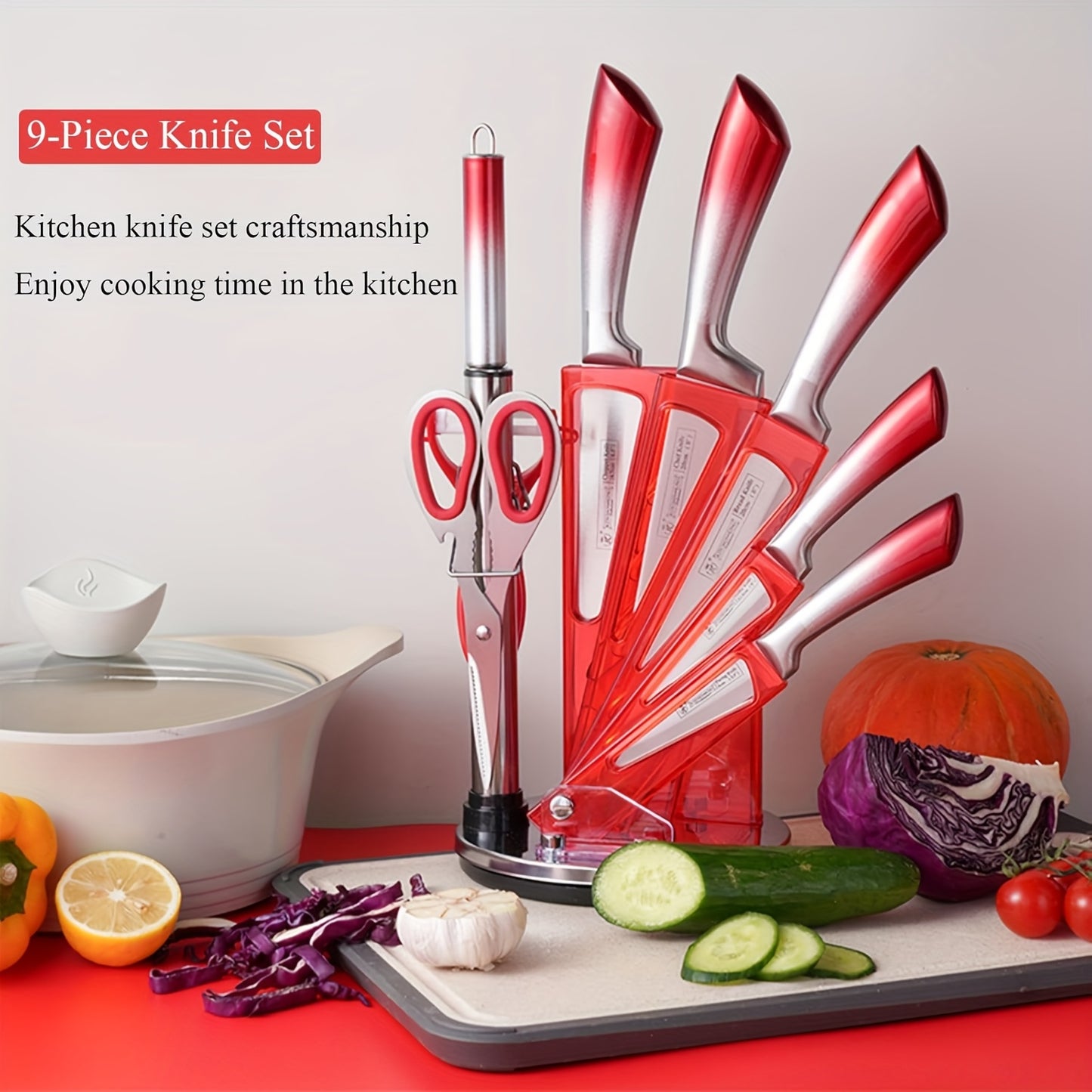 Set di 9 coltelli da cucina, realizzati in acciaio inossidabile forgiato ad alto tenore di carbonio con manici sfumati vivaci, elegante confezione regalo, perfetti come idea regalo per la casa o per le feste - Disponibili in blu, nero, rosso e viola