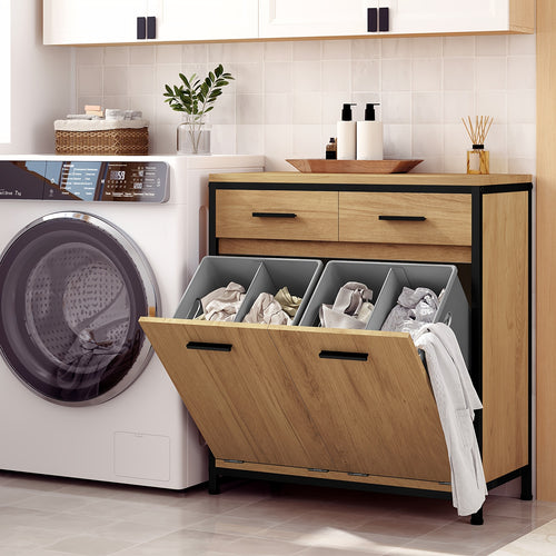 Un mobile da bagno con due sacchi portabiancheria pieghevoli, dotato di due cassetti, funge da contenitore e cestino per il bucato. Questo mobile da bagno, costruito con una struttura in metallo, è disponibile in legno bianco chiaro e finitura nera, misur