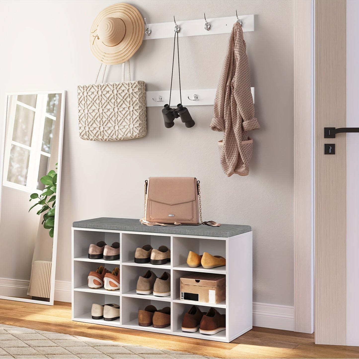 Set scarpiera armadio, divanetto scarpiera con 9 f, scarpiera con divanetto imbottito, appendiabiti da parete con 9 ganci, mobiletto scarpe per ingresso, corridoio, camera da letto, bianco