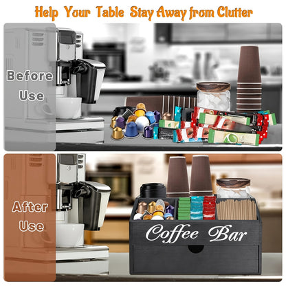 Organizzatore da bar per caffè Deluxe Freestable con cassetto - Legno adatto per cialde di caffè, accessori per tè, bustine di zucchero e formine | Ampia postazione da bancone, ufficio, bar | Organizzatore con cassetto per regali di Natale