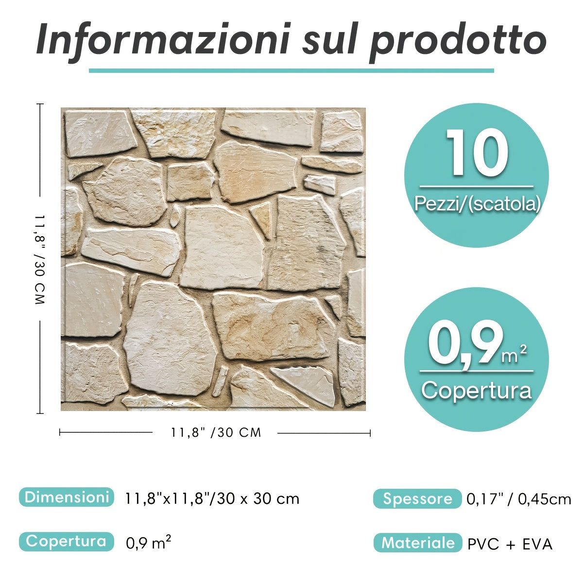 Questo pacchetto include dieci pannelli murali 3D autoadesivi con superficie in PVC effetto pietra, ciascuno misurato 30 per 30 centimetri, progettati per decorare pareti interne.
