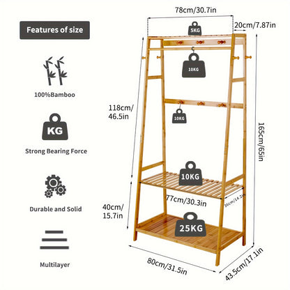 Appendiabiti in Bambù con 3 Ripiani e 10 Ganci, 80 x 43,5 x 165 cm, Organizzatore Portatile per Abiti Scarpe Cappelli Borse da Ingresso Camera Soggiorno