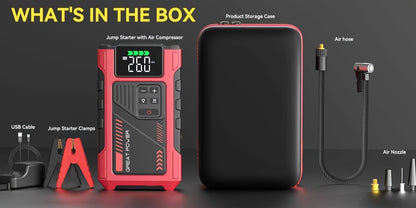 Power Bank Portatile 12V 6000A & Compressore d'Aria Avviatore con Ricarica Rapida e Cavo Intelligente - Booster Batteria 5-in-1 Adatto per Camion a Benzina 7.5L/Diesel 6.0L, Ricarica USB-C, Gonfiaggio Pneumatici, per Campeggio e Viaggi su Strada