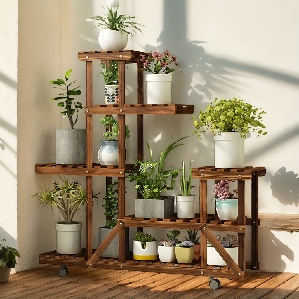 Scaffale per fiori a 6 ripiani di grandi dimensioni con ruote, espositore per vasi da giardino in legno di pino per patio, verande, balconi, interni, esterni, scaffale da terra, scaffale da terra
