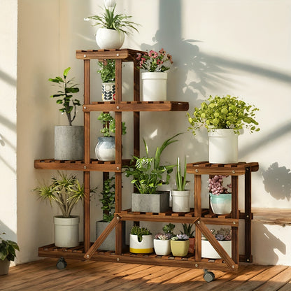 Scaffale per fiori a 6 ripiani di grandi dimensioni con ruote, espositore per vasi da giardino in legno di pino per patio, verande, balconi, interni, esterni, scaffale da terra, scaffale da terra