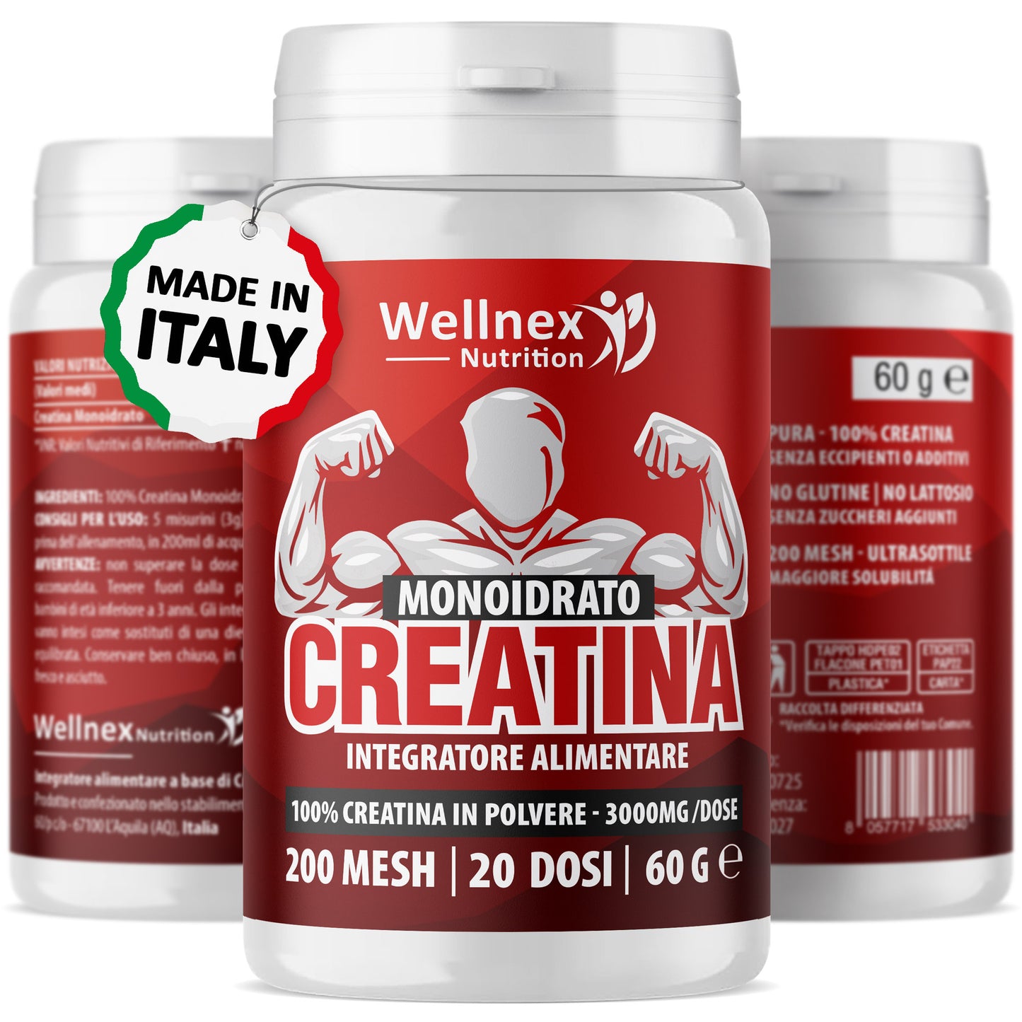 Creatina Monoidrato 3000mg / dose | 60g - 20 Dosi | Creatina in Polvere 200 Mesh | Purezza 99,9 Min. Integratore alimentare a base di Creatina