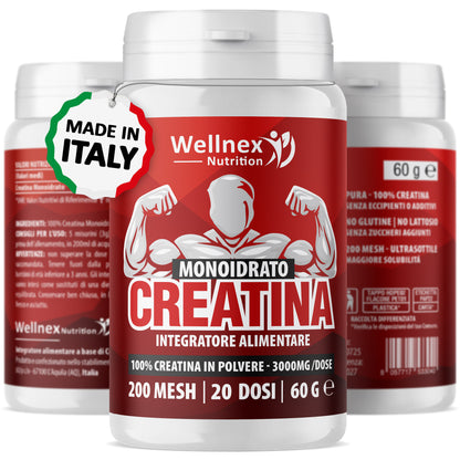 Creatina Monoidrato 3000mg / dose | 60g - 20 Dosi | Creatina in Polvere 200 Mesh | Purezza 99,9 Min. Integratore alimentare a base di Creatina