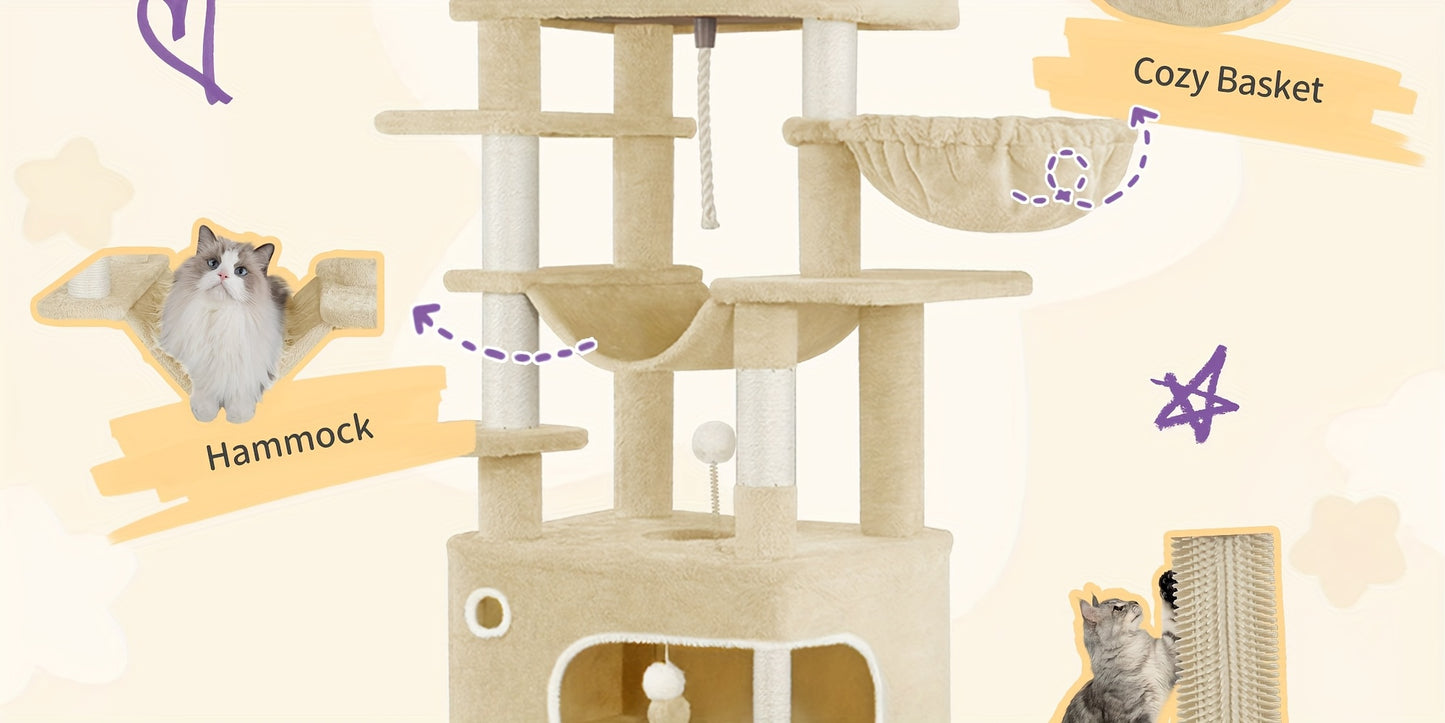 Tiragraffi per Gatti con Ampia Piattaforma, 178 Centimetri, 2 Grotte, 7 Pali per Graffiare, Palline di Peluche, Sedia a Dondolo, Amaca, Adatto a Tutte le Razze di Gatti, Grigio Chiaro, Grigio Scuro/Beige