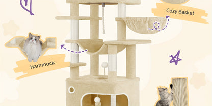 Tiragraffi per Gatti con Ampia Piattaforma, 178 Centimetri, 2 Grotte, 7 Pali per Graffiare, Palline di Peluche, Sedia a Dondolo, Amaca, Adatto a Tutte le Razze di Gatti, Grigio Chiaro, Grigio Scuro/Beige