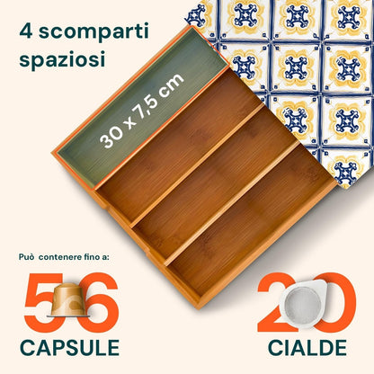 Porta cialde Organizer Bambù per Cialde con Vetro Temperato Organizer Capsule Caffè Cassetto Porta Oggetti Cassetto Minuteria Mobiletto Porta Tè Cassetto Cucito 4 Scomparti Separati