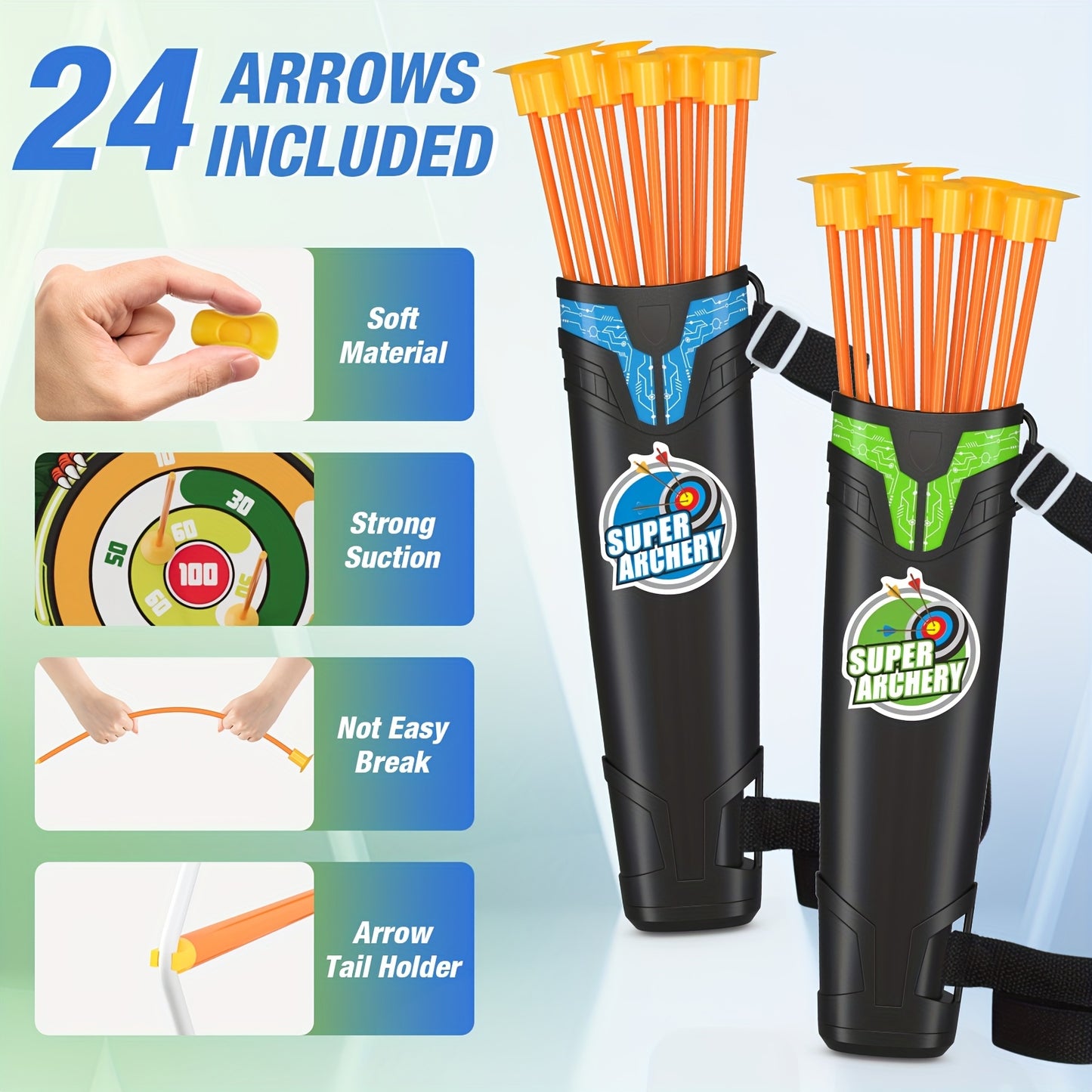 HYES 2 pezzi Arco e Freccia per Bambini, Set di Tiro con l'Arco con 24 Freccie a Ventosa, 1 pz Poggiatesta, 6 pz Bersagli di Punteggio e 2 pz Cestini, Regali Sportivi Indoor Outdoor per Bambini e Bambine dai 3 ai 8 Anni, Natale, Regalo di Compleanno