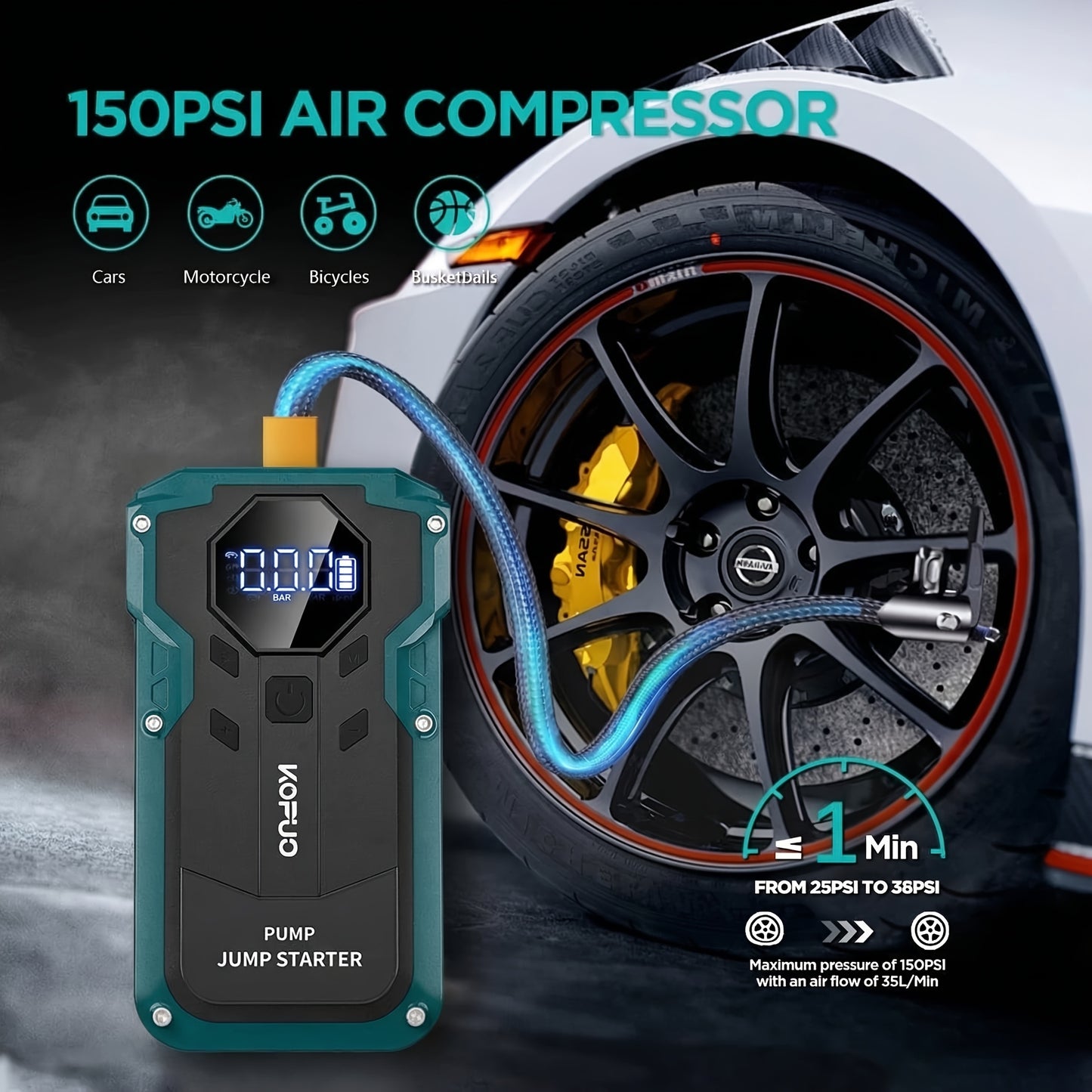 KOPUO 7000A Avviatore di emergenza portatile per auto/Avviatore di emergenza 10000A con compressore d'aria da 150PSI, Booster di batteria di emergenza 12V fino a motori a benzina da 10L/diesel da 8.0L, Power bank 9-in-1 con display LCD e luci LED