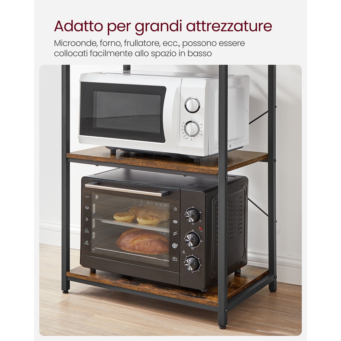 VASAGLE Scaffale Portaoggetti da Cucina, Stazione Caffè, Griglia da Forno, con 6 Ripiani e 6 Ganci, Adatto per Microonde, Struttura in Acciaio, Stile Industriale, Dimensioni 40 X 60 X 167 Cm