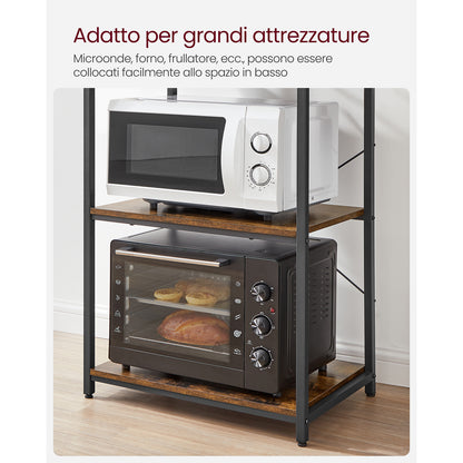 VASAGLE Scaffale Portaoggetti da Cucina, Stazione Caffè, Griglia da Forno, con 6 Ripiani e 6 Ganci, Adatto per Microonde, Struttura in Acciaio, Stile Industriale, Dimensioni 40 X 60 X 167 Cm