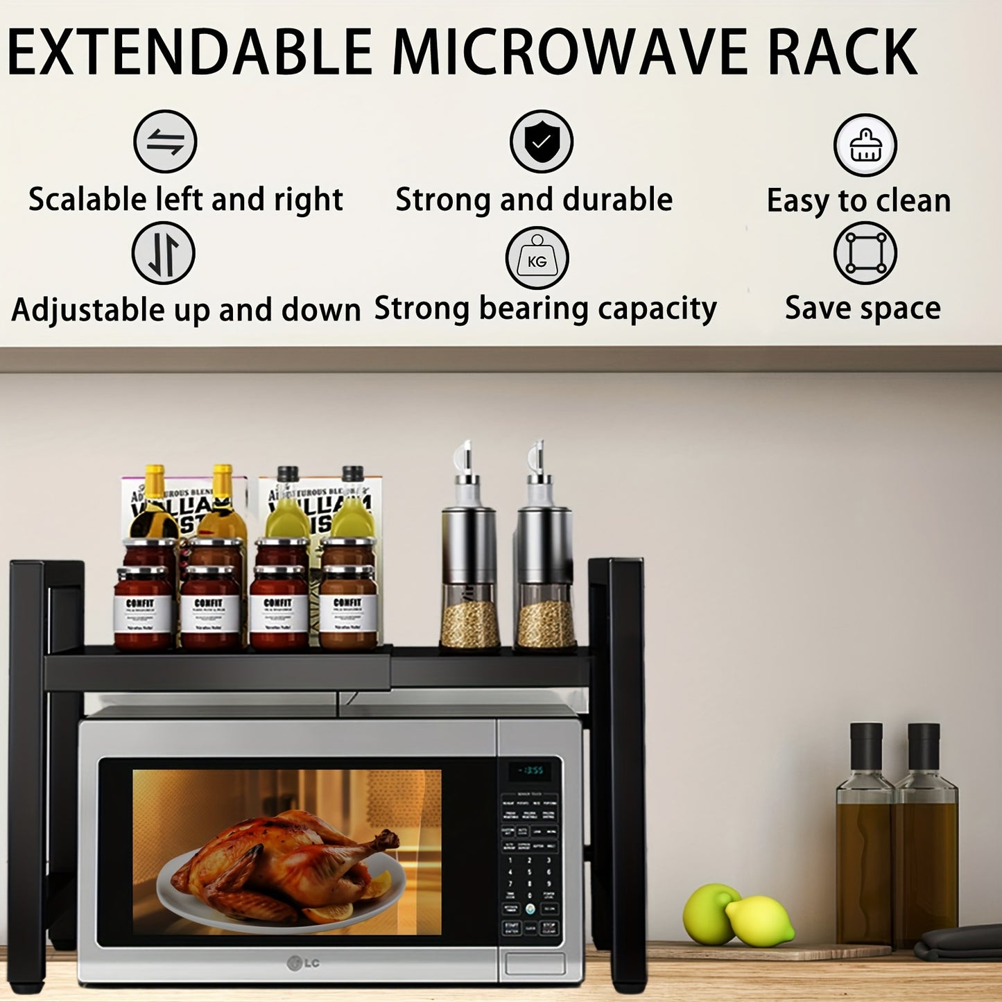 Scaffale Estendibile per Microonde a 2 Livelli con 5 Ganci, Porta Taglieri e 3 Asciugamani, Scaffale per Cucina, Scaffale per Microonde e Forno da Piano, Estendibile 40-64 cm (Nero, Bianco)