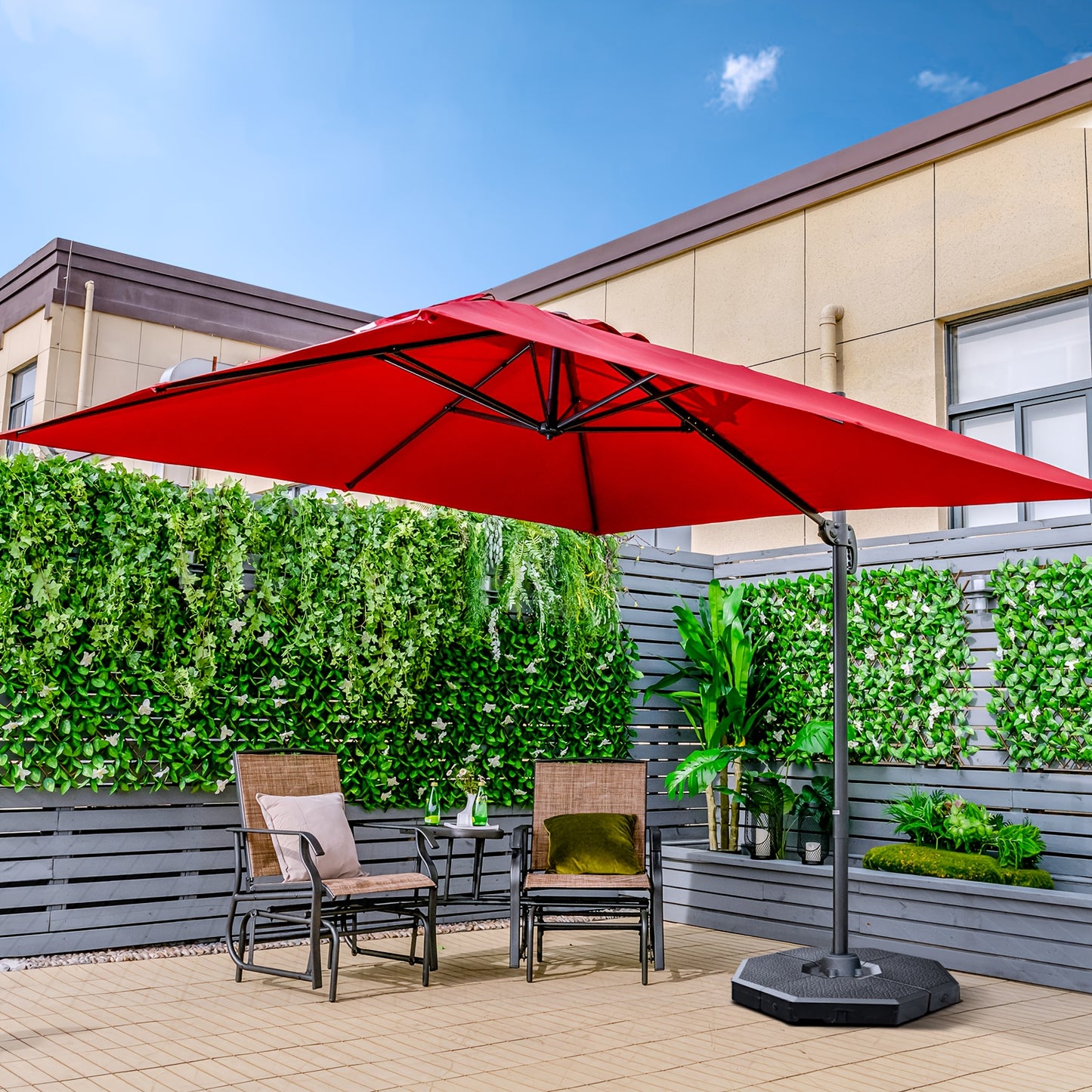 Ombrellone quadrato 300 X 300 cm, ombrello parasole con portico girevole a 360°, ombrello da giardino inclinabile, grande ombrellone da patio, ombrello da mercato per giardini esterni, patii, bar (Beige/Rosso/Caffè)
