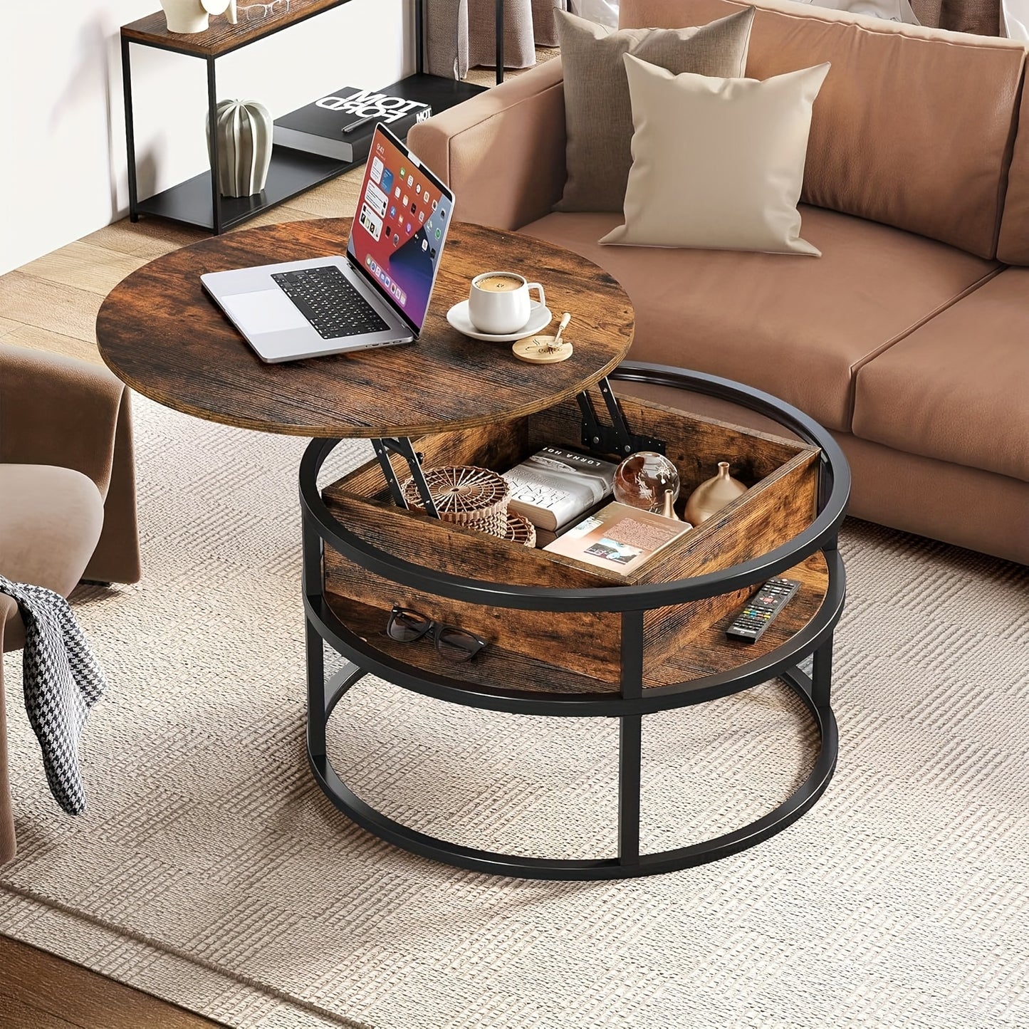 Tavolino da caffè rotondo con sollevamento, tavolino da sa (con scomparto portaoggetti nascosto), tavolino da caffè moderno (con scomparto portaoggetti), adatto per ufficio domestico, tavolino centrale rotondo per soggiorno
