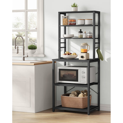 VASAGLE Scaffale Portaoggetti da Cucina, Stazione Caffè, Griglia da Forno, con 6 Ripiani e 6 Ganci, Adatto per Microonde, Struttura in Acciaio, Stile Industriale, Dimensioni 40 X 60 X 167 Cm