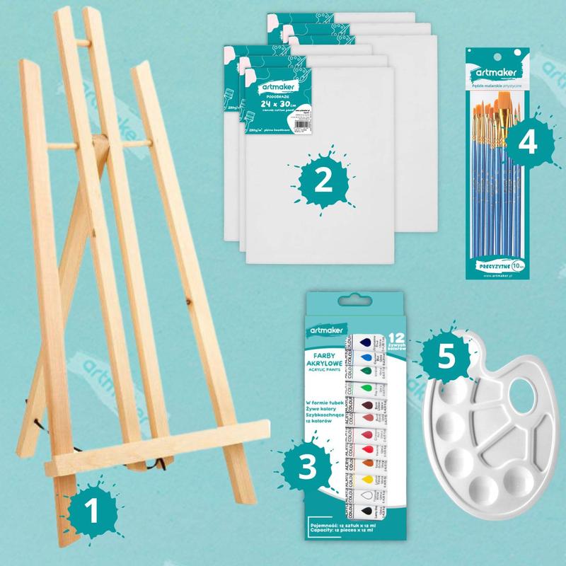 Artmaker XXL Set Completo per Pittura Artistica con Cavalletto in Legno da 50 cm, 6 Tele da 24x30 cm, Set di 12 Colori Acrilici, 10 Pennelli e Tavolozza – Il Regalo Perfetto per Artisti Principianti, Bambini e Adulti per Creare Opere d'Arte di Alta Qualit