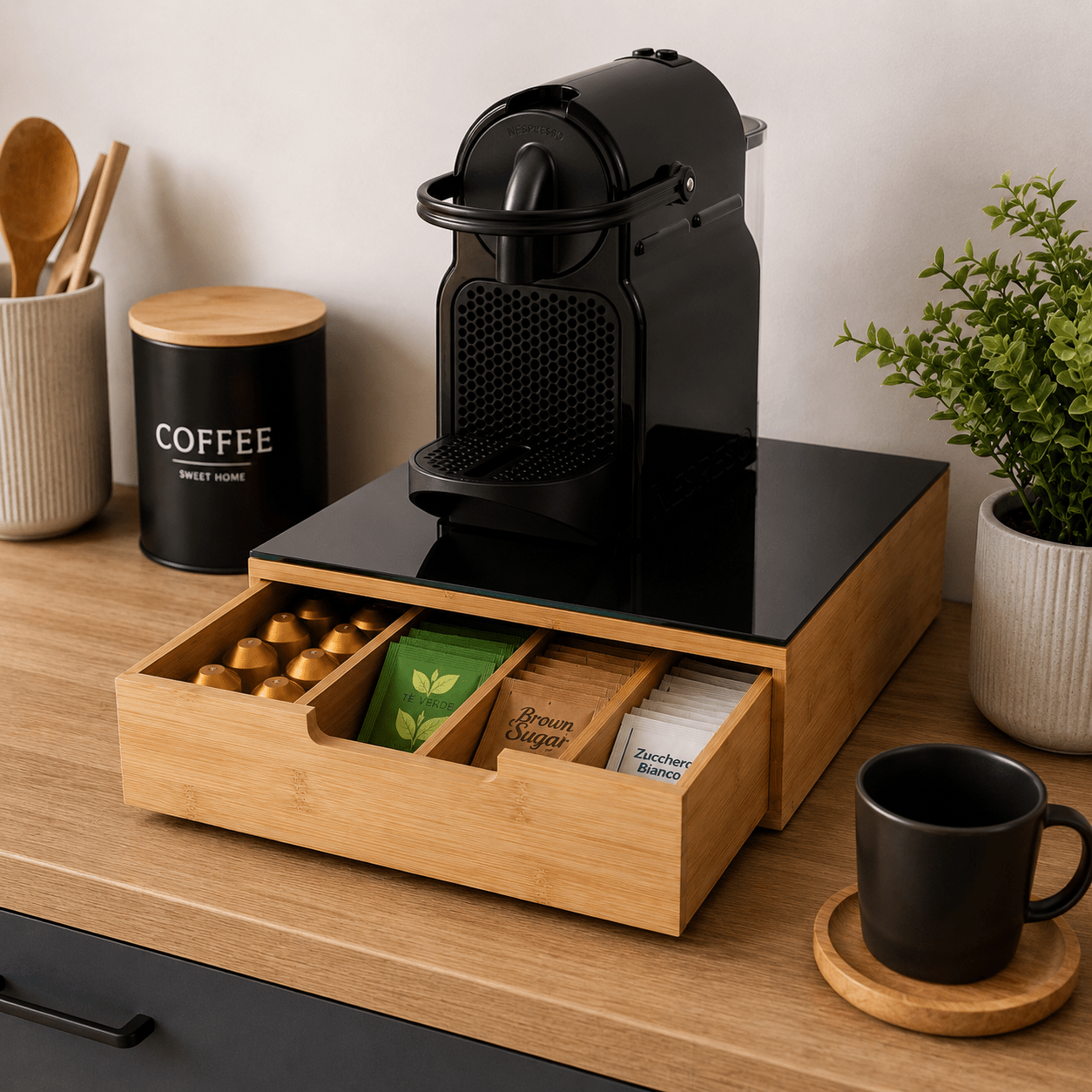 Porta cialde Organizer Bambù per Cialde con Vetro Temperato Organizer Capsule Caffè Cassetto Porta Oggetti Cassetto Minuteria Mobiletto Porta Tè Cassetto Cucito 4 Scomparti Separati