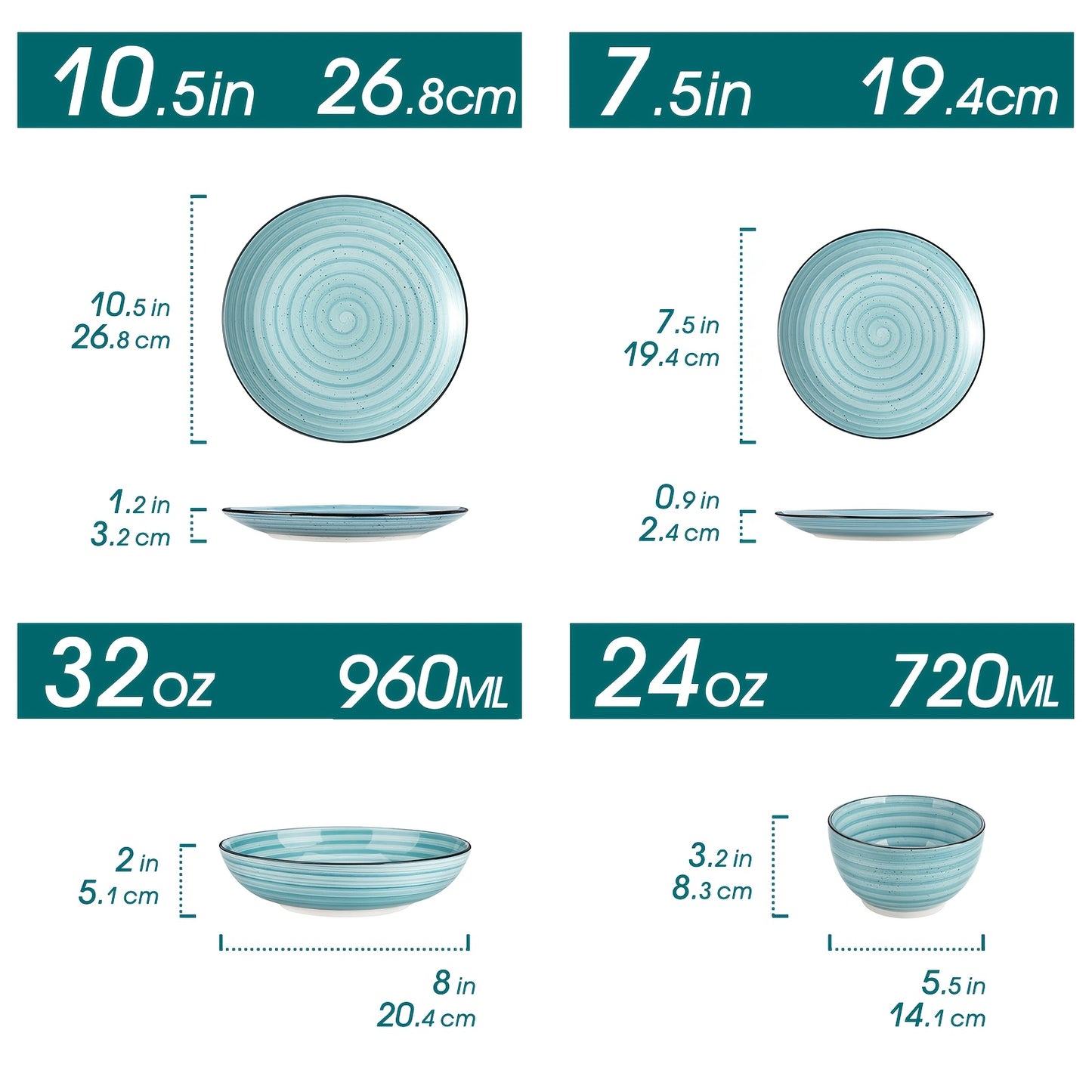 Set da 24 pezzi per 6 persone, set di piatti e ciotole con motivi a spirale dipinti a mano su entrambi i lati, servizio combinato di stoviglie in porcellana, piatti piani, piatti da dessert, ciotole per pasta e ciotola per cereali, blu, lavabile in lavast