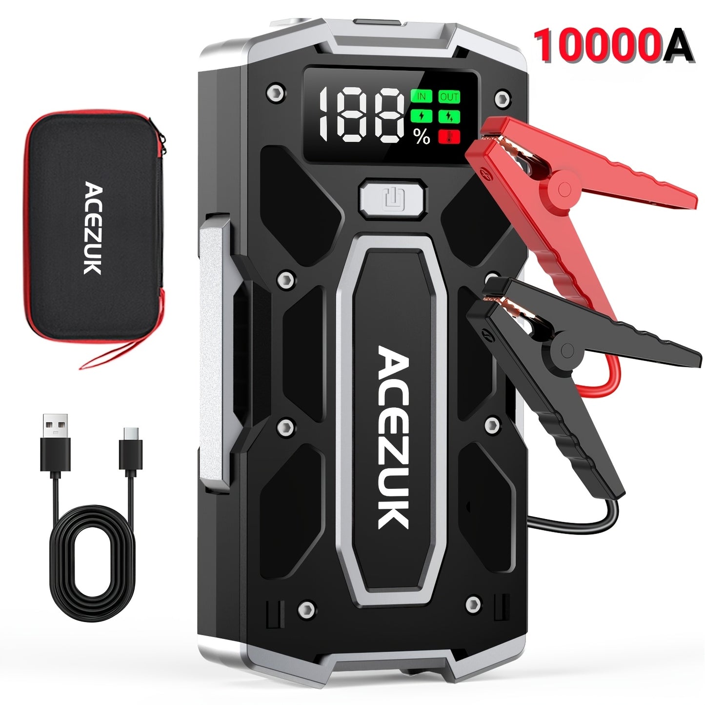 Avviatore di Emergenza Portatile per Auto 10000A - Booster Batteria 12V per Motori a Benzina Fino a 10L Diesel, Luce LED e Ricarica Rapida QC3.0, Include Borsa Portatile