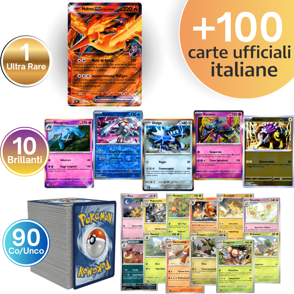 101 Pokémon TCG Ultra Pack in lingua italiana / ULTRA PACK: 1X EX/V Ultra Rare + 10X Shining (HOLO/REVERSE) + 90X Carte Pokémon Common/Uncommon - Carte Casuali