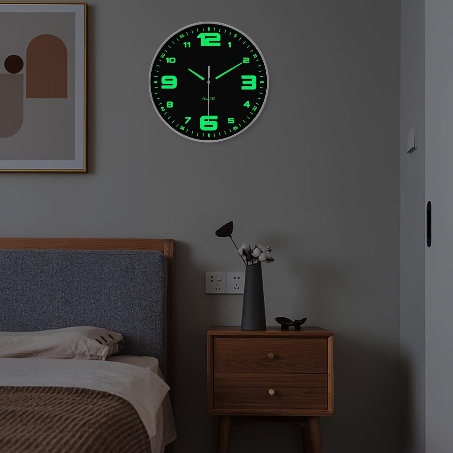 Orologio da parete silenzioso a 12 pollici con numeri che si illuminano al buio, numeri e lancette luminose che assorbono l'energia, 20,32-40,64 cm, in plastica senza ticchettio, a batteria, per soggiorno, camera da letto, ufficio, decorazioni da parete,