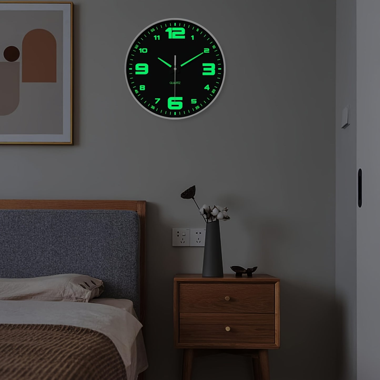 Orologio da parete silenzioso a 12 pollici con numeri che si illuminano al buio, numeri e lancette luminose che assorbono l'energia, 20,32-40,64 cm, in plastica senza ticchettio, a batteria, per soggiorno, camera da letto, ufficio, decorazioni da parete,