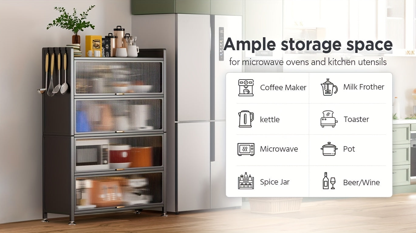 Armadietto da Cucina in Metallo a 5 Livelli con Ante Acriliche, Altezza 144.78 cm - Mobile Autoportante Grigio Scuro con Piedini Regolabili, Soluzione Versatile per Cucina, Sala da Pranzo e Organizzazione, Costruzione Robusta