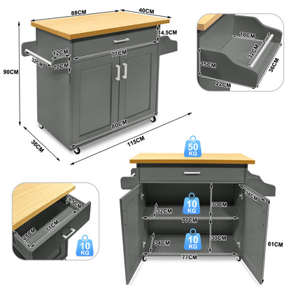 Carrelli per Servizi Alimentari 115X36X90Cm Isole da Cucina Mobili MDF Piano Lavoro Carrello da Cucina con Rotelle, Cassetto, Scaffale, Porta Asciugamani & Porta Spezie Carrello Capacità di Carico Fino a 50KG Carrello da Pranzo per Feste