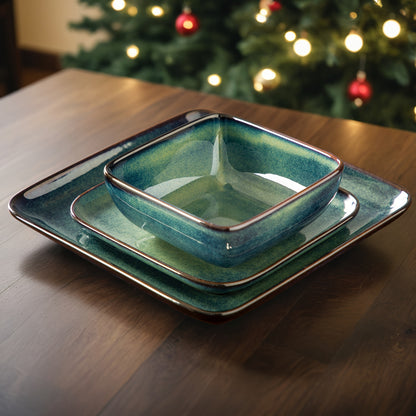 Set da pranzo verde da 12 pezzi, stoviglie quadrate con smalto reattivo, set di stoviglie da cucina in argilla con piatto da portata, piatto da dessert, set di ciotole per 4 persone, lavabile in lavastoviglie e adatto al microonde, fatto a mano, regalo pe