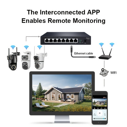 Telecamera di sicurezza multifunzionale wireless da esterno Wifi per il monitoraggio di sicurezza 2K ad alta definizione a doppia lente con rotazione automatica pan-tilt, visione notturna e rilevamento del movimento, chiamata bidirezionale, telecamera di