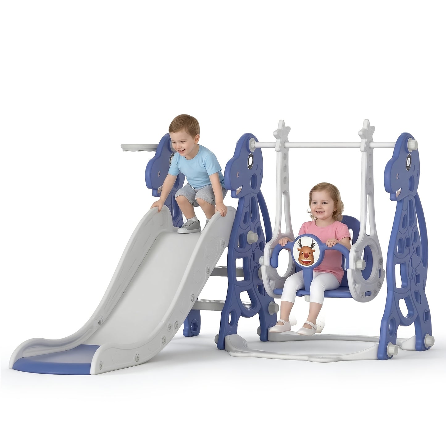 Scivolo per bambini 4 in 1, scivolo per bambini con altalena e canestro da basket, lunghezza scivolo 145 cm, parco giochi multifunzionale per bambini, utilizzabile in interni ed esterni, con pedane e poggiapiedi extra larghi