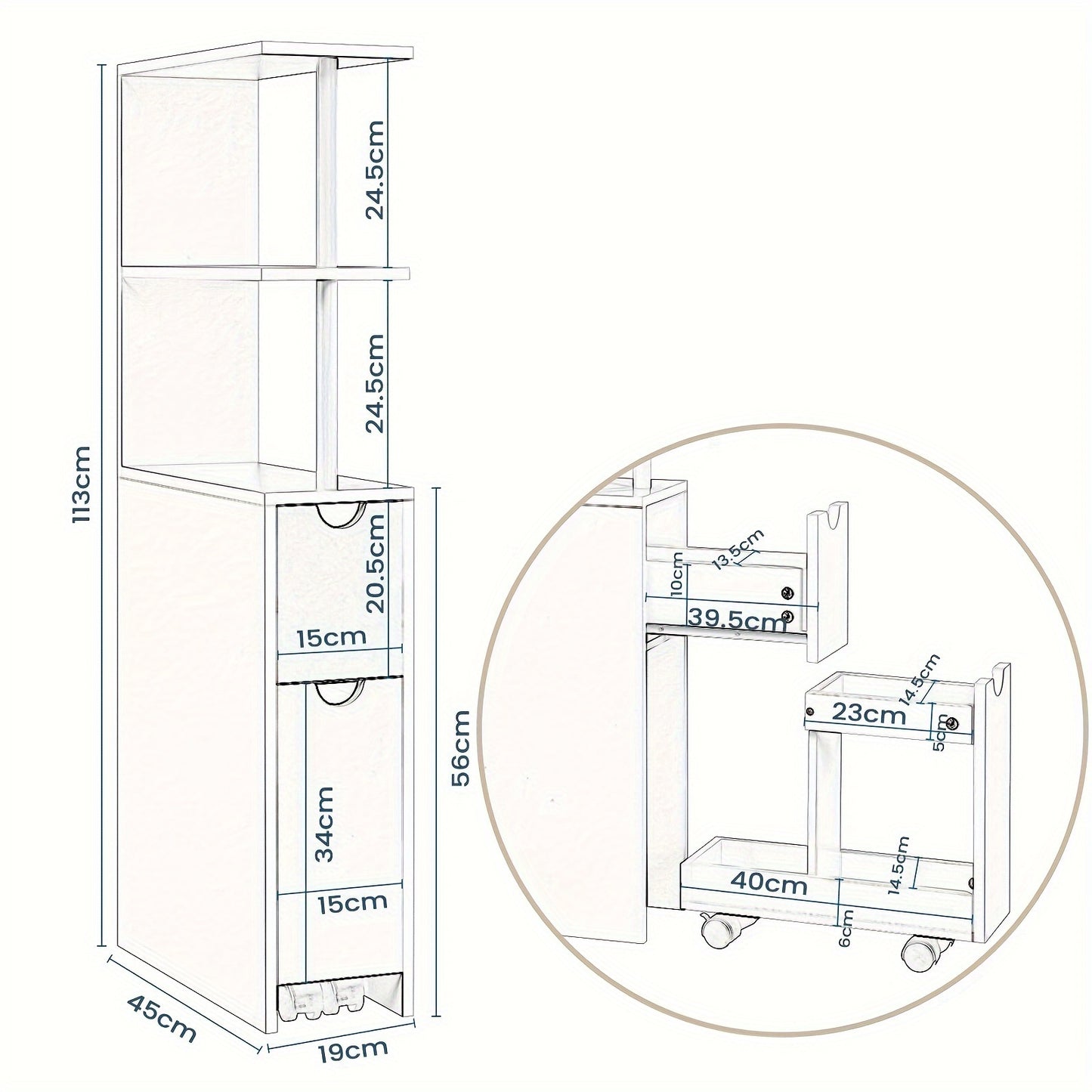 1 pz. Mobiletto da Bagno con Nicchia con Cassetti su Rotelle, Ripiani Aperti, Mobiletto da Bagno Mobiletto da Bagno Stretto, Credenza Mobiletto da Cucina Multifunzionale, Bianco, 19x113x45 Cm (LxAxP)