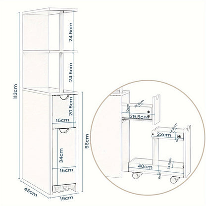 1 pz. Mobiletto da Bagno con Nicchia con Cassetti su Rotelle, Ripiani Aperti, Mobiletto da Bagno Mobiletto da Bagno Stretto, Credenza Mobiletto da Cucina Multifunzionale, Bianco, 19x113x45 Cm (LxAxP)