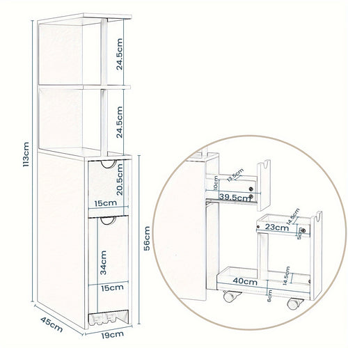1 pz. Mobiletto da Bagno con Nicchia con Cassetti su Rotelle, Ripiani Aperti, Mobiletto da Bagno Mobiletto da Bagno Stretto, Credenza Mobiletto da Cucina Multifunzionale, Bianco, 19x113x45 Cm (LxAxP)