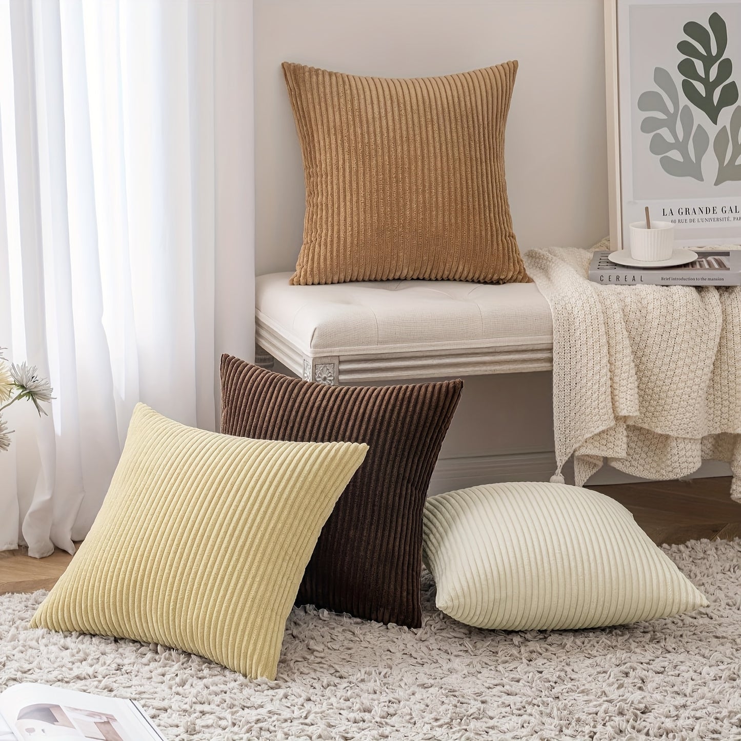 4 Coperture Cuscini Decorativi Morbide a Righe, Stile Bohémien in Velluto a Coste, Copricuscino Quadrato in Velluto a Coste, Copertura Cuscino Moderna e Confortevole per Divano, Soggiorno, da Letto, Arredamento Rustico, Cuscino Interno Non Incluso