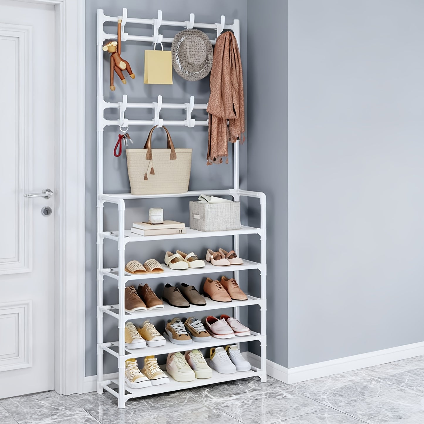 Portaabiti con Scarpiera Organizzatore, 3 in 1 Albero d'Ingresso in Metallo con 5 Ripiani e 8 Ganci Rimovibili, Portaabiti Autoportante per Ingresso con Spazio per Abiti, Scarpe, Cappelli, Borse e Ombrelli