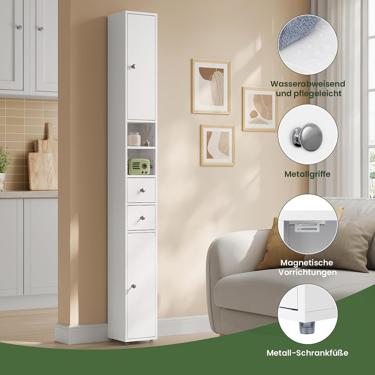 Armadietto per medicinali 1 pz, Armadietto da bagno, Armadietto da bagno stretto e alto con cassetti, scomparti, ripiani regolabili, ante, bianco, MDF, 20 x 180 x 20 cm