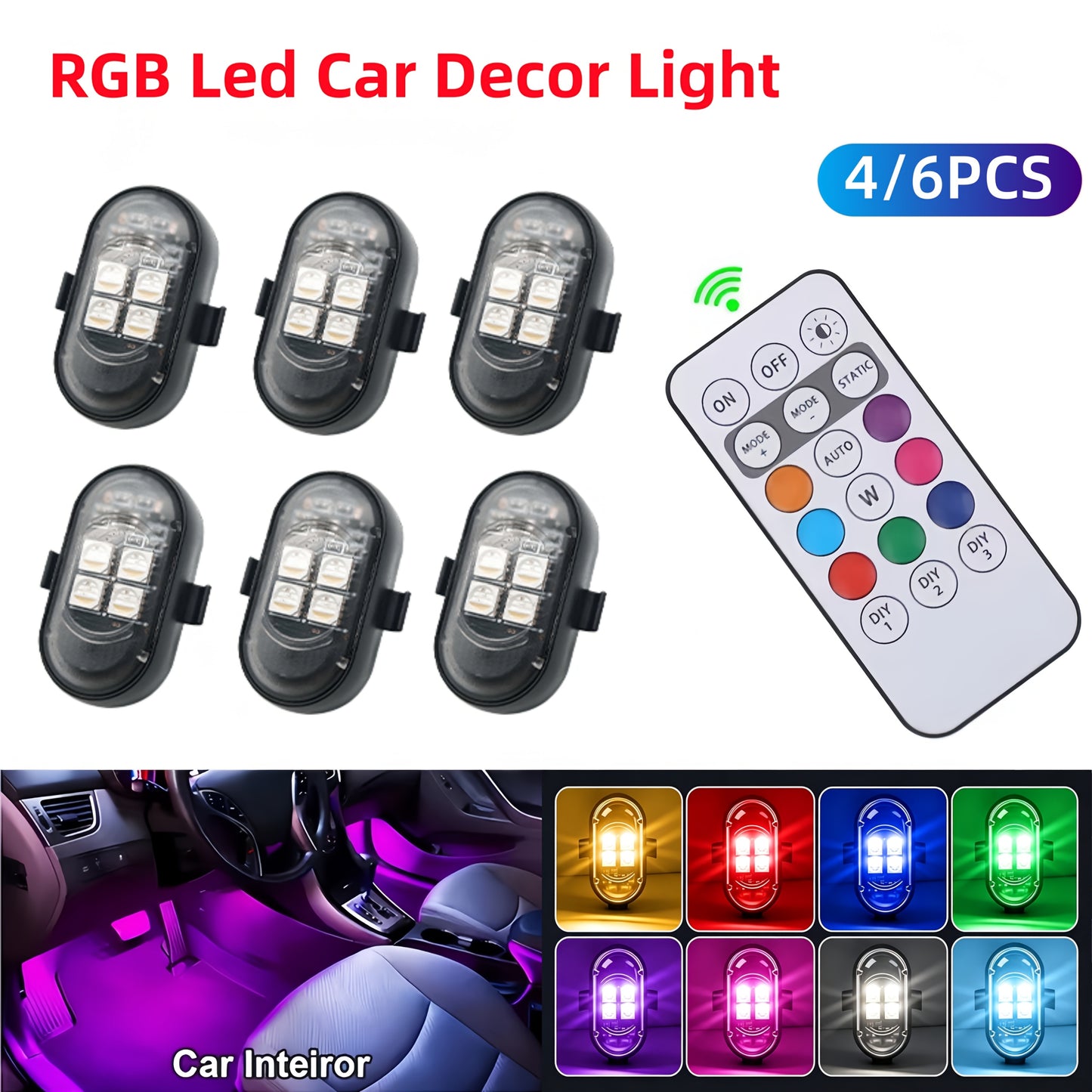 Luci d'atmosfera RGB per auto con telecomando wireless, batteria più grande e LED più luminosi, ricarica rapida Type-C, multimodalità per interni auto
